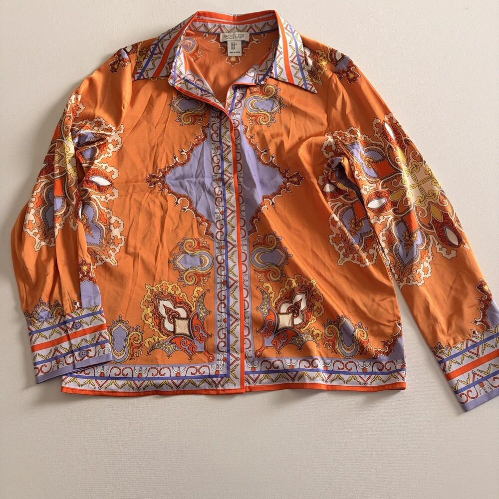 Rachel Zoe Orange And Purple Paisley Retro Hidden Button Down Top Size Med
